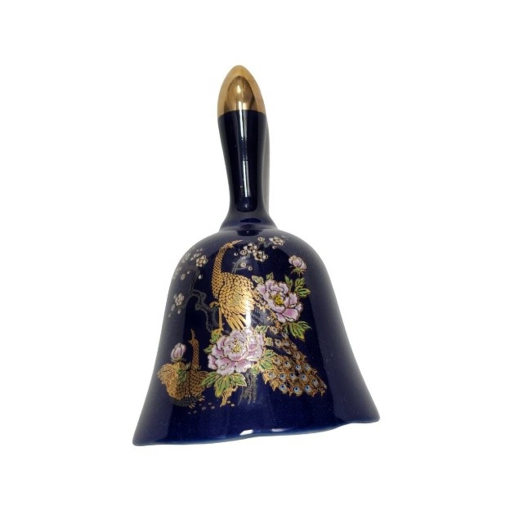 Decorative Collectible Porcelain Oriental Bell 5.5" Navy Blue Gold Pink Peacock